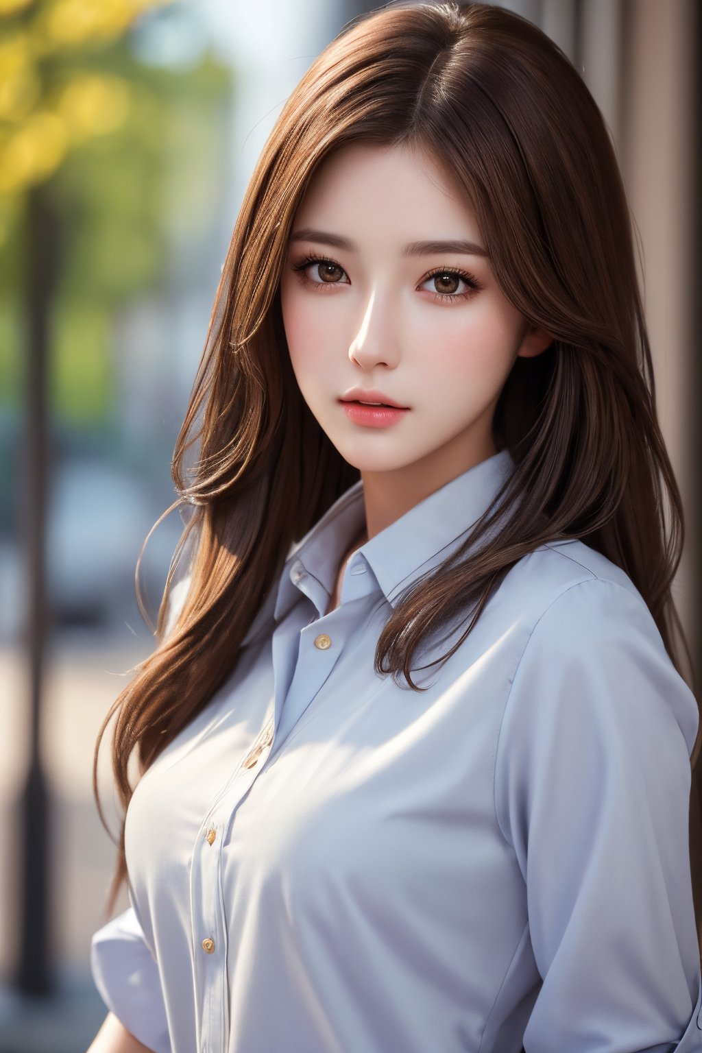 photorealistic, masterpiece, best quality, raw photo, 1girl, solo, long hair, brown hair, detailed face, alluring face, collared shirt, medium breasts, dynamic pose, looking at viewer, detailed background, fine detailed, intricate detail,  ray tracing, depth of field, low key, hdr