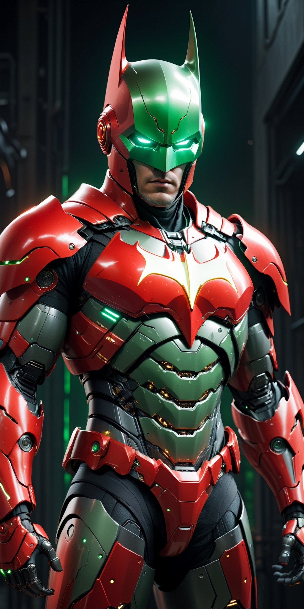 Visualize a movie still featuring a hi-tech cybernetic red-green knight adorned in a robotic BATMAN-style armor suit. Challenge artists to integrate hi-tech glowing biometrical elements and lightning charge effects, sculpting a visually striking masterpiece. Highlight the meticulous design of the hi-tech suit, complete with macular body armor. Frame the scene against a perfect background that seamlessly merges fantasy and superpower aesthetics, inviting artists to delve into the captivating fusion of technology and design in this cinematic image.",more detail XL