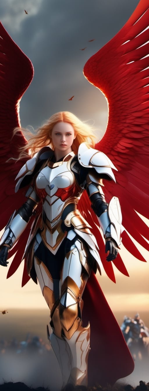 a angel standing on a battle field ,15 yo girl's face, white wings,((red armor)), golden hair, Whole body glows, cyborg style