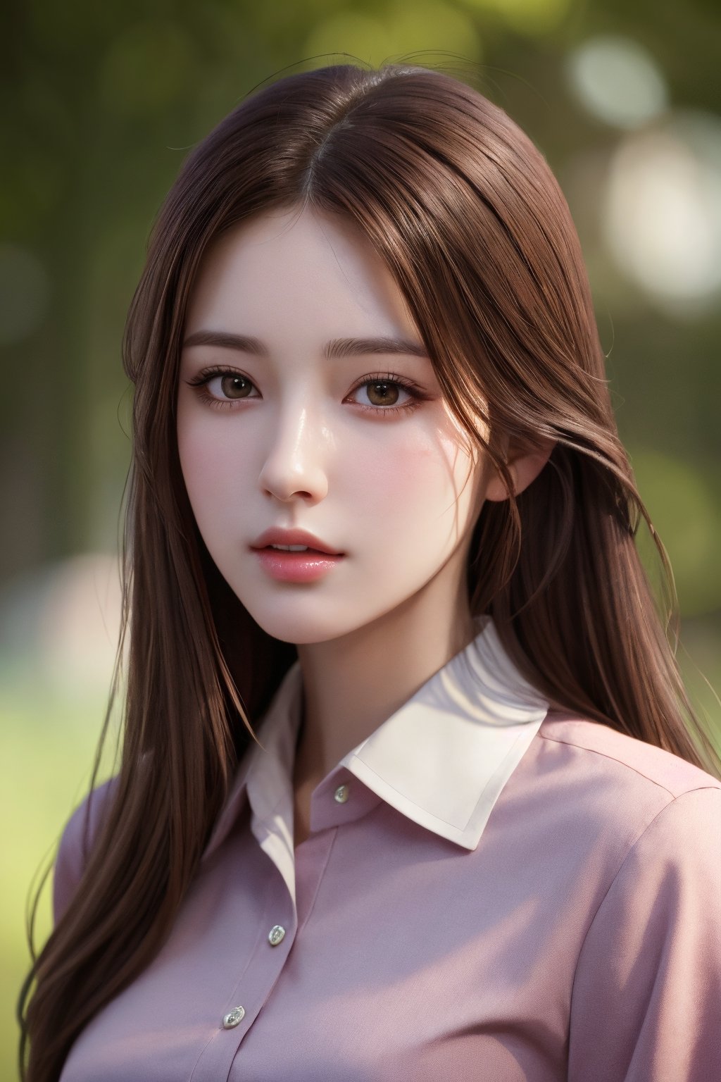 photorealistic, masterpiece, best quality, raw photo, 1girl, solo, long hair, brown hair, detailed face, alluring face, collared shirt, medium breasts, dynamic pose, looking at viewer, detailed background, fine detailed, intricate detail,  ray tracing, depth of field, low key, hdr