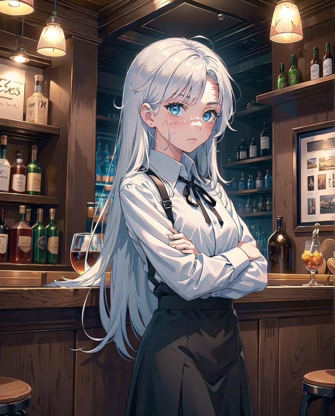 (masterpiece), (1girl), neutral_expression, white hair, long hair, parted bangs, blue eyes, scar on eye, white shirt, black ribbon on shirt, bar, indoors, cowboy shot, looking at viewer, front view, standing, crossing arms,better_scar