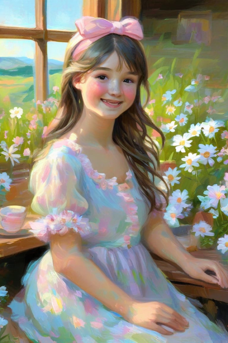 Prompt: A young girl, dressed in a flowing, lace-trimmed blouse, with soft pink bows, sitting at a rustic wooden table, surrounded by wildflowers, daisies, and roses, sunlight streaming through a nearby window, illuminating her gentle smile.,Claude Monet,pastel brushstrokes,
