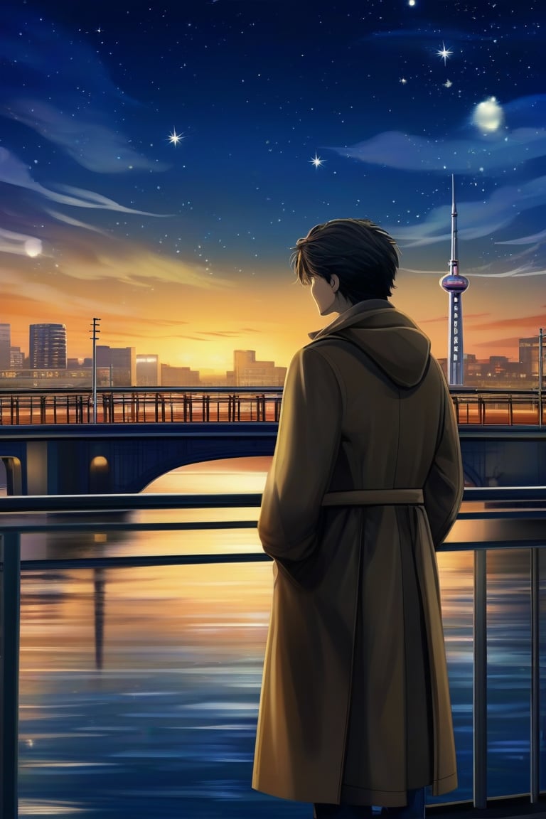 Prompt: A man, in a long coat, standing on a bridge, overlooking a calm river, the water reflecting the shimmering city lights, his face thoughtful, hands in pockets, with the distant sound of a train echoing through the night, the stars faintly visible above, creating a contemplative, serene atmosphere,
