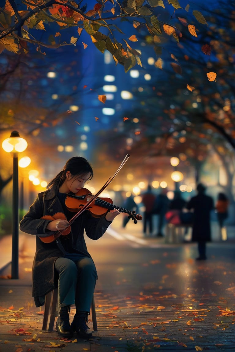 A street musician, playing a violin, standing under a soft, glowing streetlamp, the notes filling the night air, passersby stopping to listen, the gentle hum of the city in the background, with autumn leaves swirling around, creating a beautiful, melancholic mood, in the peaceful night
