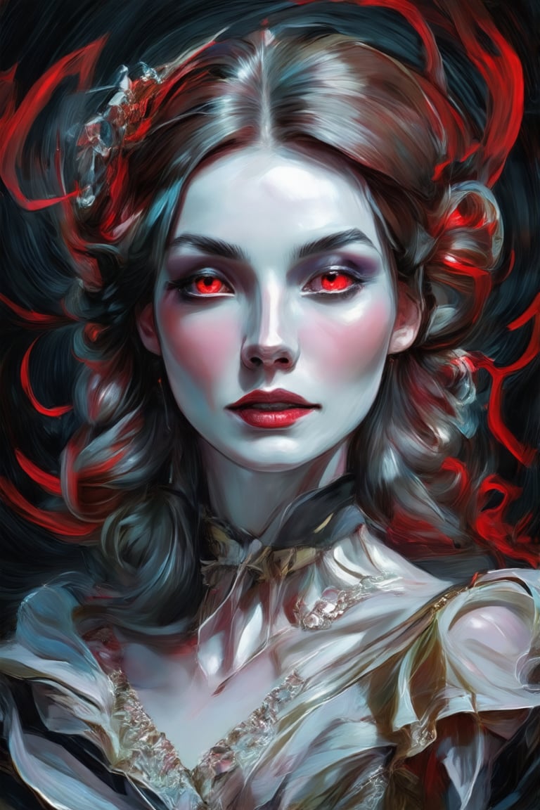 A surreal digital portrait of an enigmatic woman, her face elongated and distorted, with expressionless porcelain-like skin and piercing red eyes that seem to glow from within. Against the ominous backdrop of deep blacks and blazing red hues, bold brushstrokes evoke a sense of turmoil, as if the very fabric of reality is being torn apart.,Claude Monet,pastel brushstrokes,Coquette aesthetic