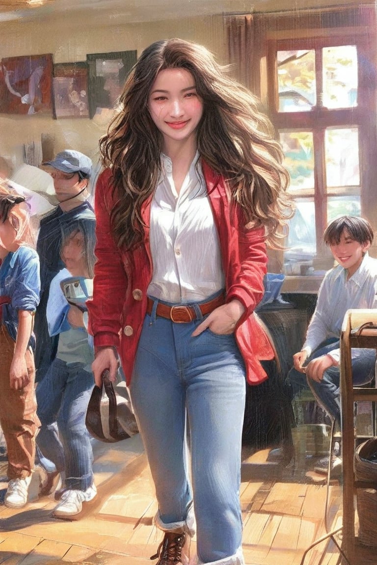 1girl, long hair, looking at viewer, smile, blonde hair, brown hair, shirt, black hair, long sleeves, holding, closed mouth, standing, jacket, full body, white shirt, multiple boys, shoes, solo focus, collared shirt, belt, pants, indoors, lips, window, wavy hair, brown footwear, denim, red shirt, buckle, walking, jeans, belt buckle, realistic, white pants, arms at sides, shirt tucked in, brown belt, suitcase, luggage, rolling suitcase