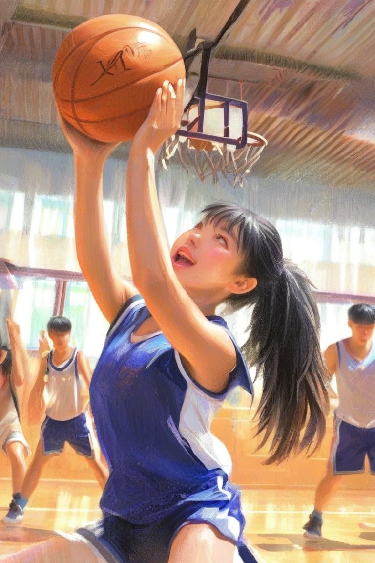 long hair, open mouth, multiple girls, black hair, holding, brown eyes, ponytail, sweat, multiple boys, shoes, shorts, sleeveless, solo focus, socks, indoors, armpits, arm up, 6+girls, from below, sneakers, ball, 6+boys, jumping, sportswear, kicking, gym shorts, basketball, ceiling, gym, basketball uniform