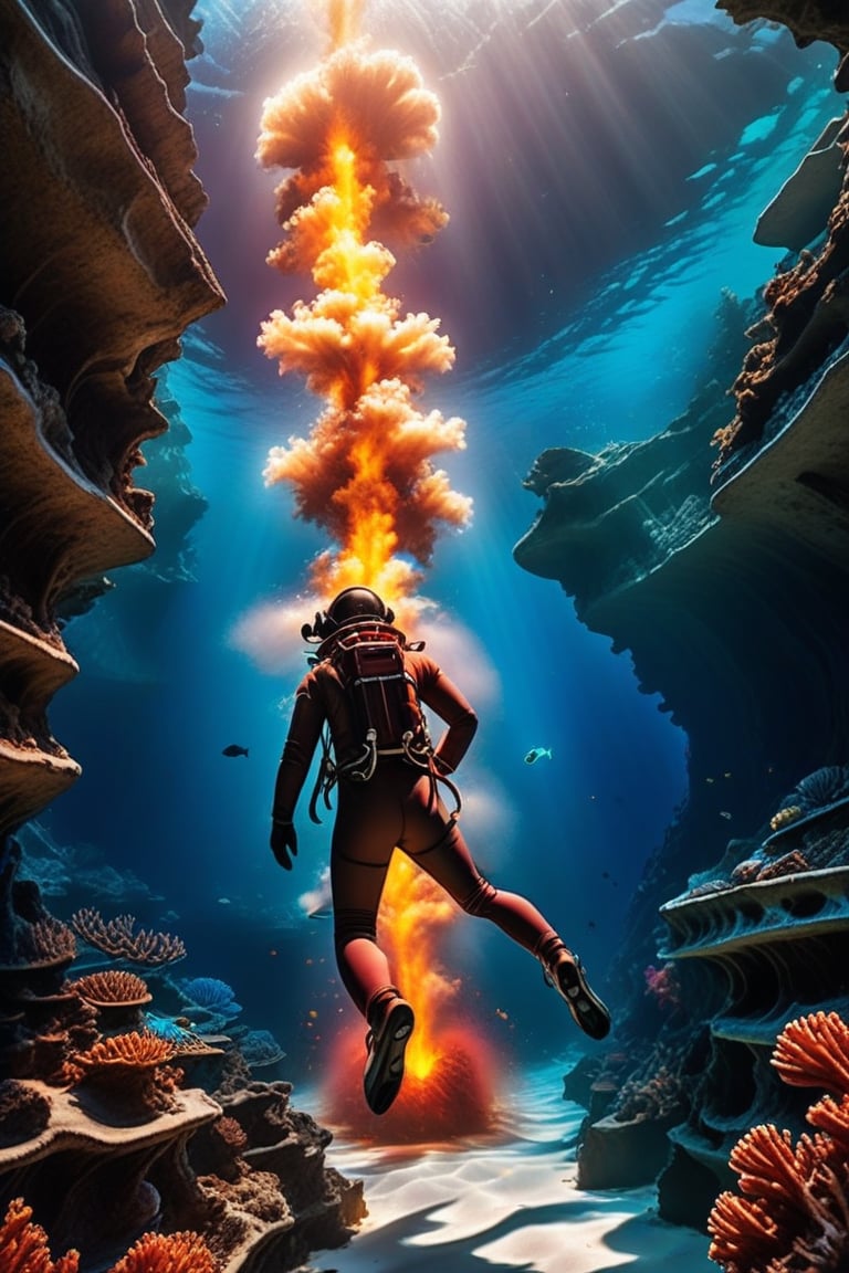 Shot from above, an underwater rift crackles with fiery energy as a diver rises from the depths, their suit aglow like a solar flare. Vibrant hues dance across their torso, reflecting the intense light as magma-colored fish and molten coral illuminate the surrounding water. The diver's pose conveys a sense of daring, juxtaposed against the stunning contrast of fire and water, evoking awe and trepidation.