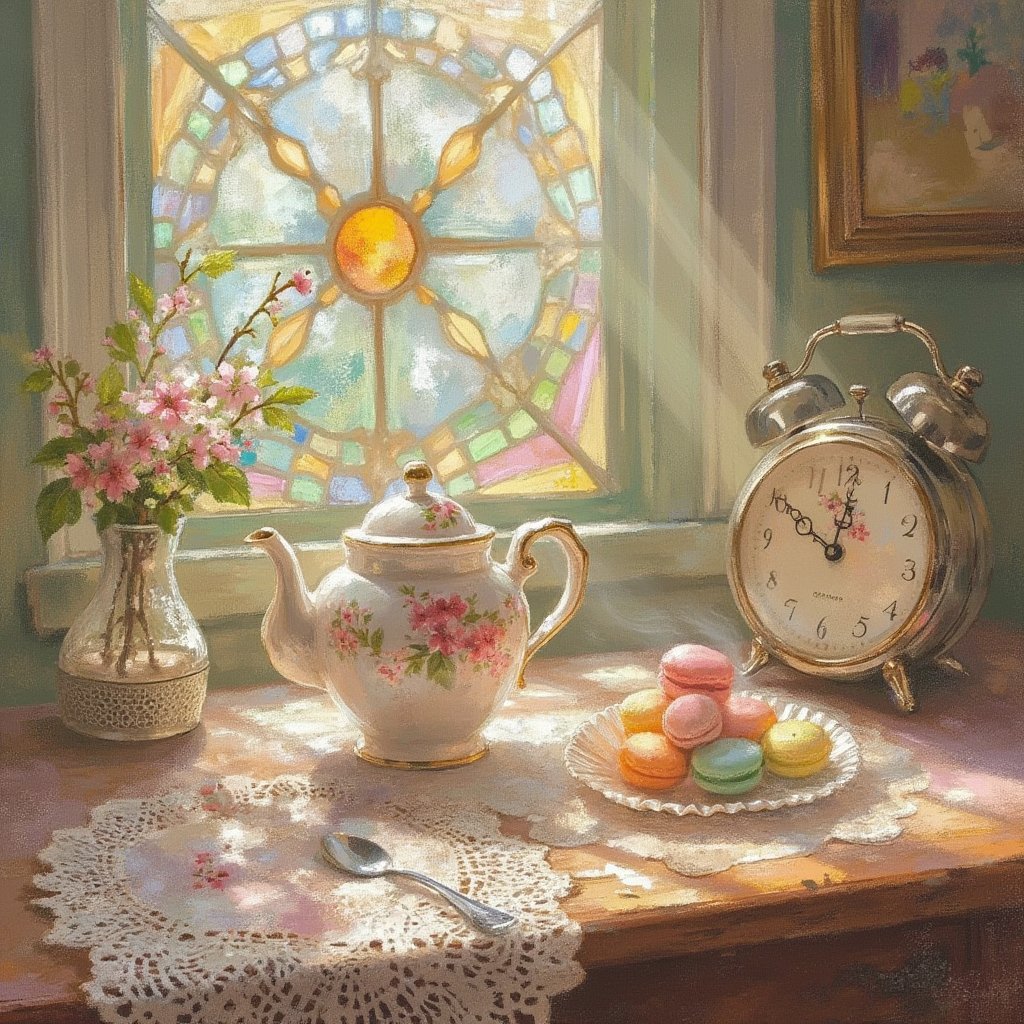 n a cozy, pastel-colored room, a sunbeam filters through a stained-glass window, casting kaleidoscopic shadows on an antique wooden desk. A vintage porcelain teapot, adorned with cherry blossoms, rests on a lace doily, gently steaming. A delicate glass sugar bowl, its exterior etched with intricate swirls, sits next to an ornate silver spoon. An array of brightly colored macarons, nestled in a ruffled paper cupcake liner, fan out like a painter's palette. The room hums with the soft, whimsical ticking of a vintage clock, its hands painted with cute cartoon characters. The playful interplay of light and shadow, coupled with the enchanting details of each object, creates a delightful scene straight out of a children's storybook.