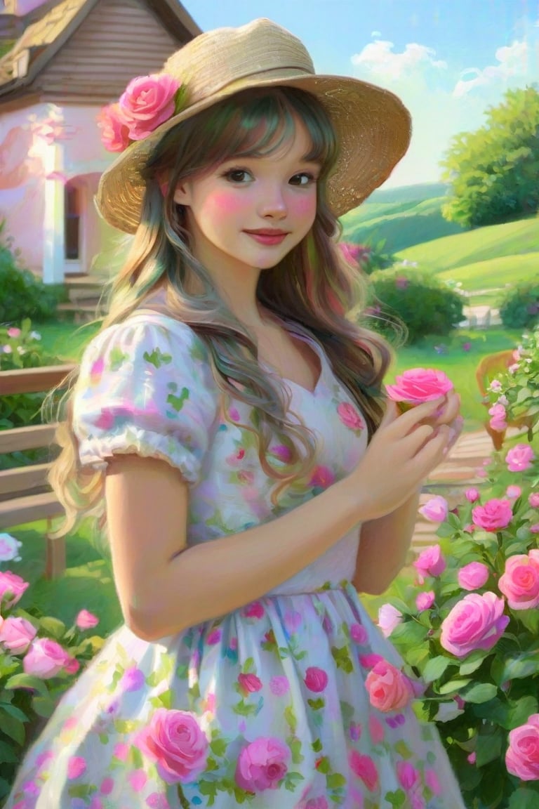 A young girl with a straw hat, her hair flowing in soft curls, wearing a floral, vintage dress, standing in a quaint, flower-filled garden, her hands gently touching the petals of a blooming rose, a charming, old-fashioned cottage visible in the background,
