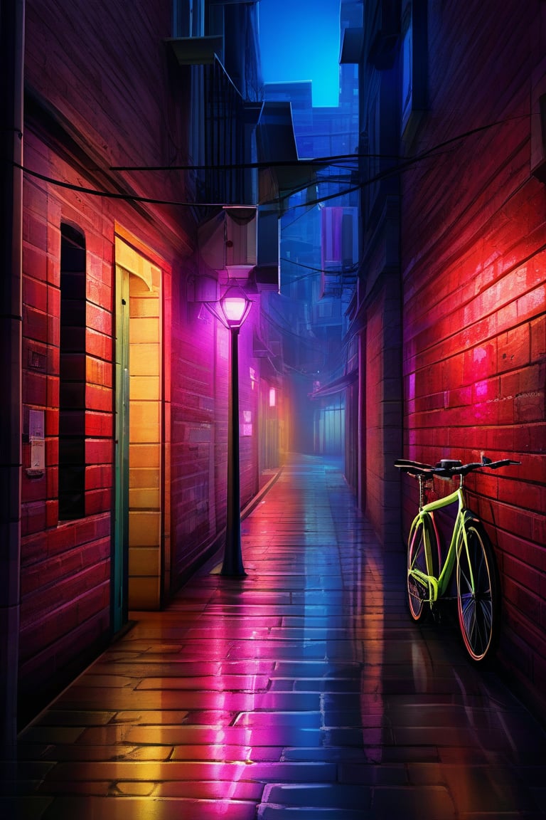 Prompt: A narrow alleyway, filled with the glow of colorful neon signs, casting vibrant, overlapping shadows on the brick walls, the pavement slick from a light drizzle, with a single bicycle parked against a wall, creating an atmosphere of quiet, hidden beauty, in the heart of the city,
