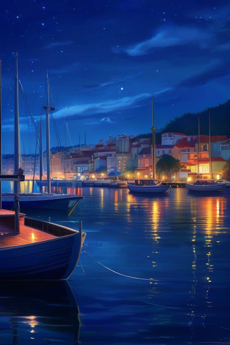 Prompt: A quiet harbor, with fishing boats docked, their lights softly flickering, reflecting on the calm, dark waters, the sound of gentle waves lapping against the shore, with distant city lights shimmering on the horizon, creating a tranquil, heartwarming, night scene,
