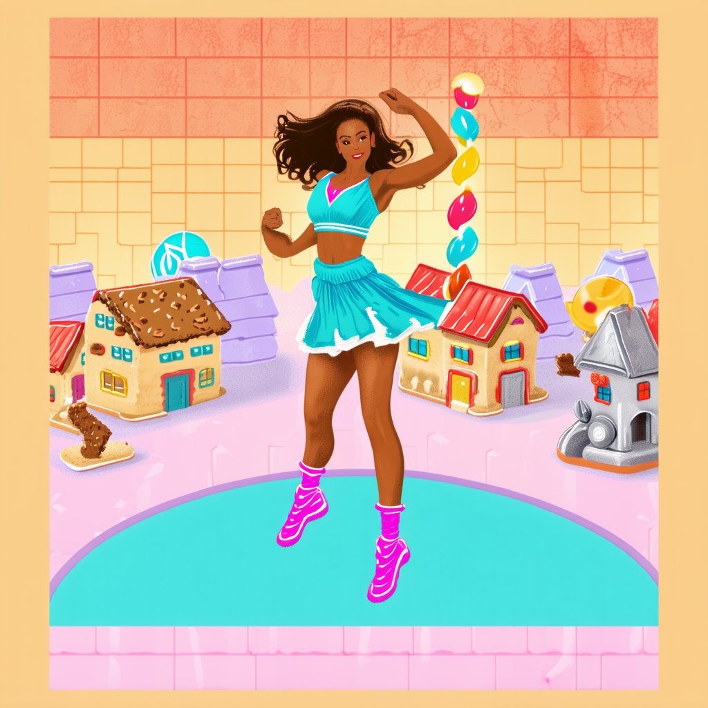 A vibrant scene featuring a woman in a colorful outfit dancing energetically with several sleek, metallic robots in a whimsical cookie town. The town is adorned with cookie-shaped buildings and candy-colored streets. The lighting is bright and cheerful, highlighting the joyful interaction between the woman and the robots. The composition captures the dynamic movement of the dance, with the robots mirroring her graceful gestures. The background showcases the playful, fantastical elements of the cookie town, creating a harmonious blend of technology and fantasy.