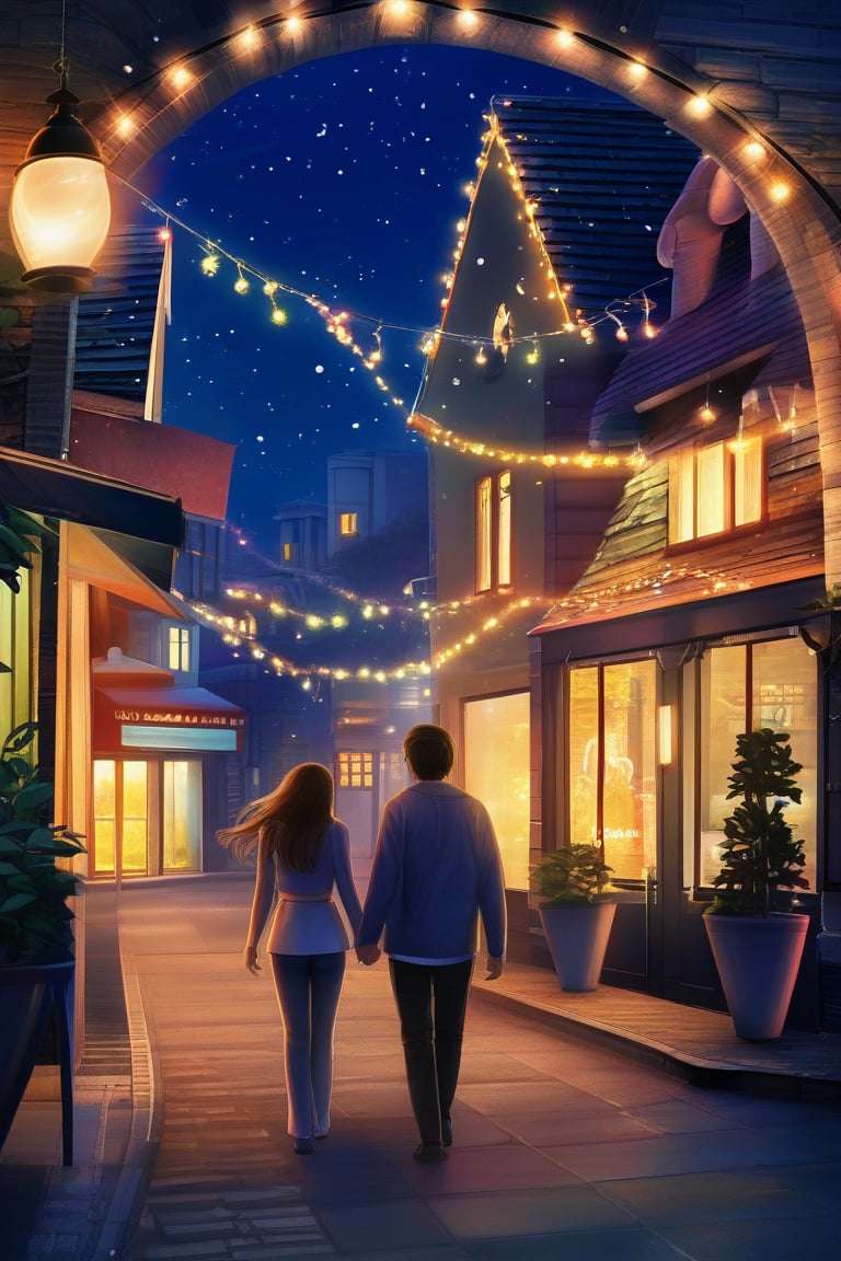 Prompt: A couple, holding hands, walking under an arch of fairy lights, their silhouettes glowing, as they stroll along a quiet street, surrounded by quaint shops, warm light spilling from windows, creating a magical, intimate atmosphere, as they share a tender, heartwarming moment,
