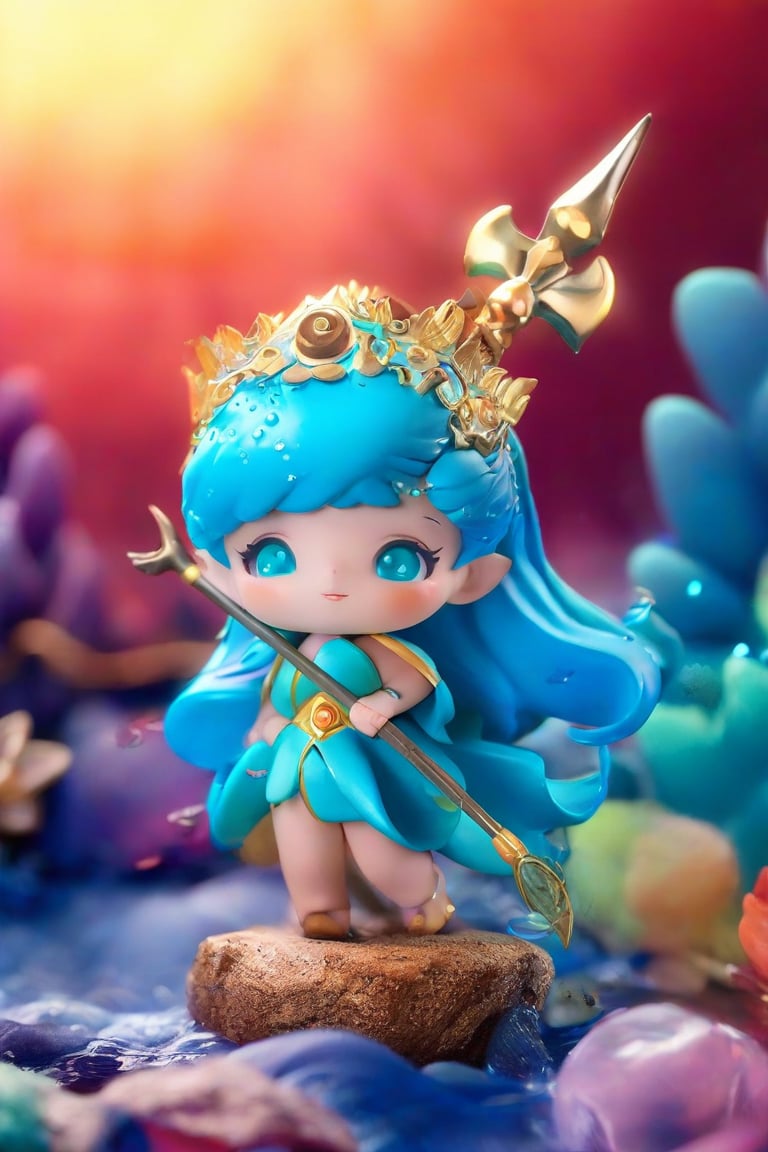 ((photograph of a stylized mini toy))epic composition, cinematic lighting, masterpiece, a sea goddess, water trident, aqua blue hair, commanding pose, frontal shot, underwater kingdom background, full body portrait, dim volumetric lighting, 8k octane beautifully detailed render, intricate, stunning Detailed matte painting, deep color, fantastical, intricate detail, complementary colors, fantasy concept, colorful, color art, color chaos, majestic