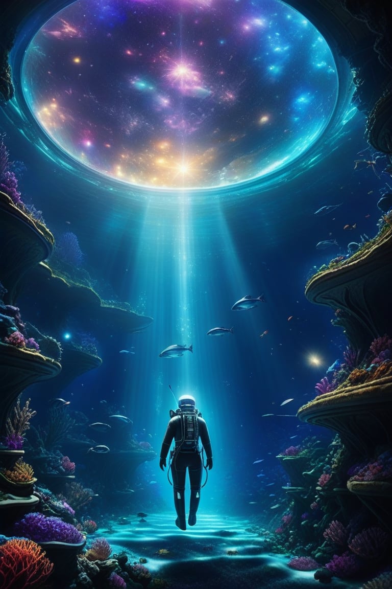 Prompt: Cosmic Abyss Explorer: A diver, draped in shimmering, iridescent armor, suspended in a vast, underwater abyss where the ocean floor meets the cosmos, glowing constellations reflected in the water, as celestial sea creatures drift by, merging the mysteries of space, and the deep sea into one breathtaking, surreal scene,
