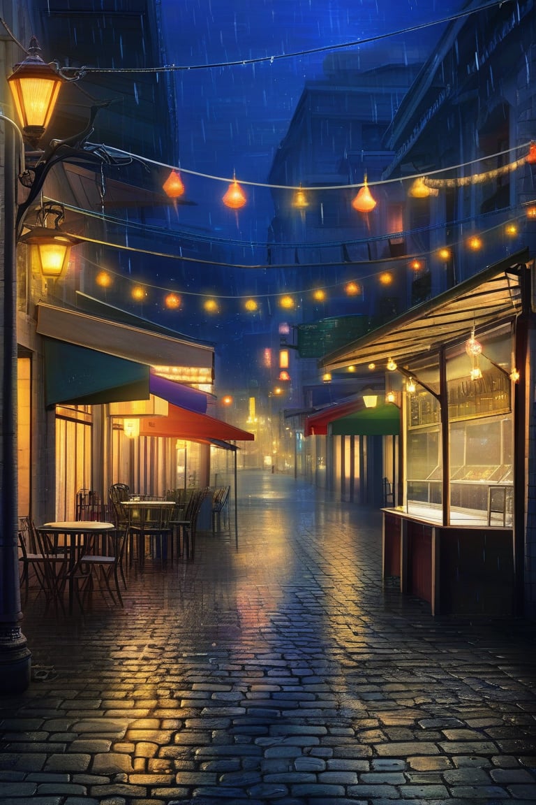 Prompt: A deserted market street, lined with stalls, their awnings gently fluttering in the night breeze, with strings of lights crisscrossing overhead, softly illuminating the space, the cobblestones glistening from a recent rain, with the faint sound of wind chimes, creating a peaceful, nostalgic atmosphere,
