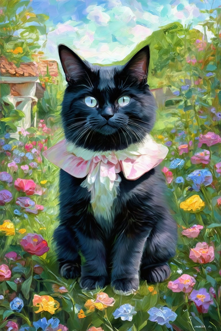 a whimsical garden scene characterized by an abundance of flowers in various colors and sizes. The flowers are rendered with broad, expressive brushstrokes, suggesting a vibrant and somewhat impressionistic style. The central figure is a black cat with prominent white eyes, which stands out against the colorful background. This cat appears to be gazing directly at the viewer, adding a sense of interaction to the painting. The overall effect is one of a playful and lively garden atmosphere, with the cat serving as a focal point that draws the eye.,Claude Monet,pastel brushstrokes,Coquette aesthetic