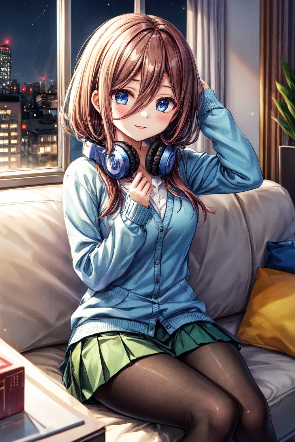 miku nakano, long hair, bangs, blue eyes, brown hair, hair between eyes, headphones, headphones around neck, skirt, shirt, long sleeves, white shirt, pantyhose, pleated skirt, black pantyhose, cardigan, green skirt, blue cardigan, :), black pantyhose, on_the_couch, listen, listening to music, sitting, center room, window, night, night light, head_wear