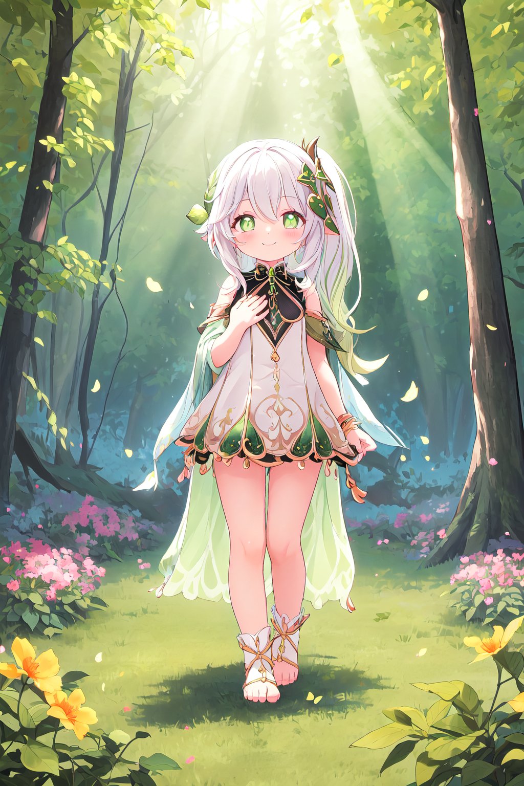 ultra-detailed, masterpiece, high_resolution, standing, 8K, 4K, loli, small_body, nahidadef, flat_chest, touching his chest, full_body.

Nahida stands on the floor of a beautiful forest, surrounded by lush trees and vibrant flowers. Sunlight filters through the forest canopy, creating a magical and serene environment. She is happy, with a warm smile that conveys peace and calm. Nahida gently touches her chest, as if conveying tranquility in this enchanting setting. A beam of light falls directly on her, highlighting her divinity and giving her an ethereal majesty. The scene radiates a sense of harmony and well-being.