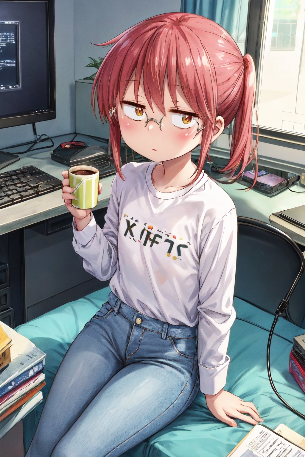 white shirt, blue_jeans, glasses, high_resolution, masterpiece, kobayashi, flat chest, programming, sitting, coffee cup, computer, keyboard