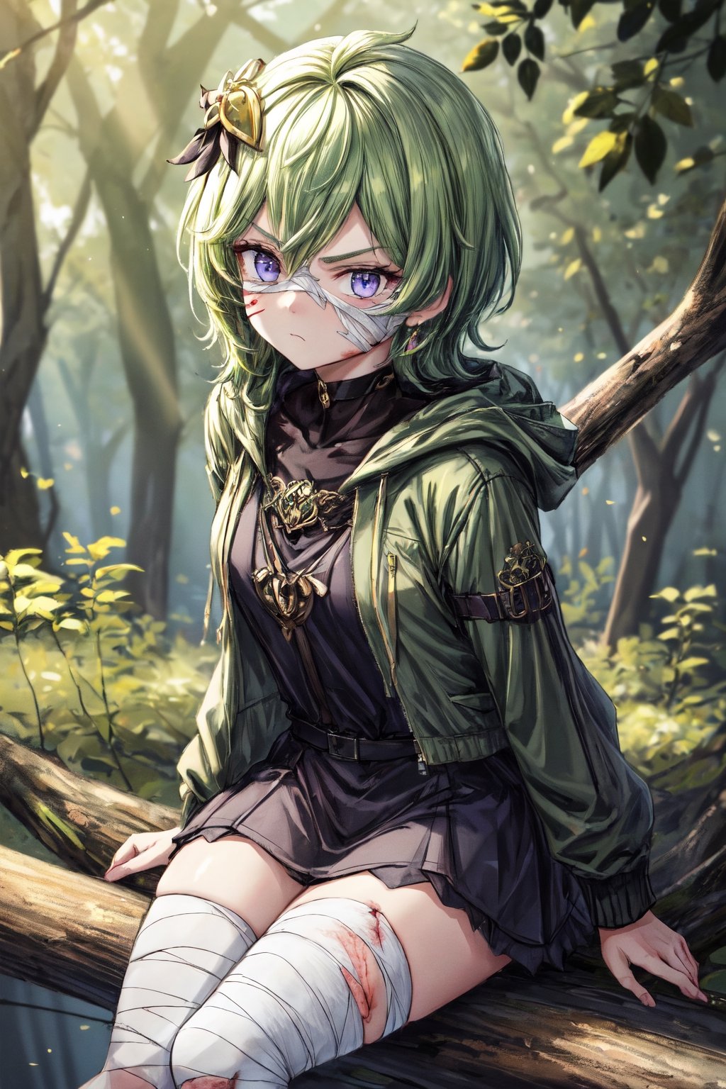 colleirnd, face bandages, cold stare, serious, best quality, masterpiece, light details, sitting on the branch of a tree, forest, short hair, bandages, hooded_jacket, wounds on the body