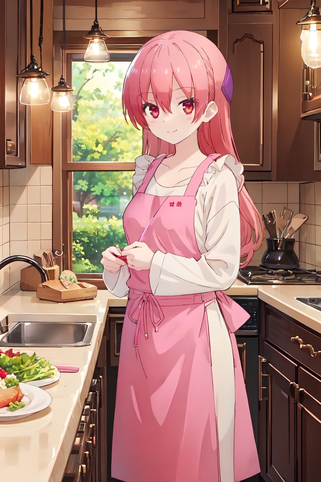 tsukasa, is wearing a pink kitchen apron. With a serene and happy expression, she stands in the middle of the kitchen, surrounded by fresh ingredients. Her posture shows confidence, while the cozy atmosphere of the kitchen adds a touch of warmth to the scene. [...] 