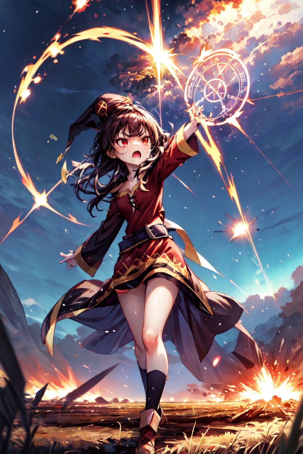 Megu-KJ, magic incantation, lightning falls from the sky, ,Circle, magic circle, explosion, boom, legs_open, field, high_resolution, masterpiece, angry, rage