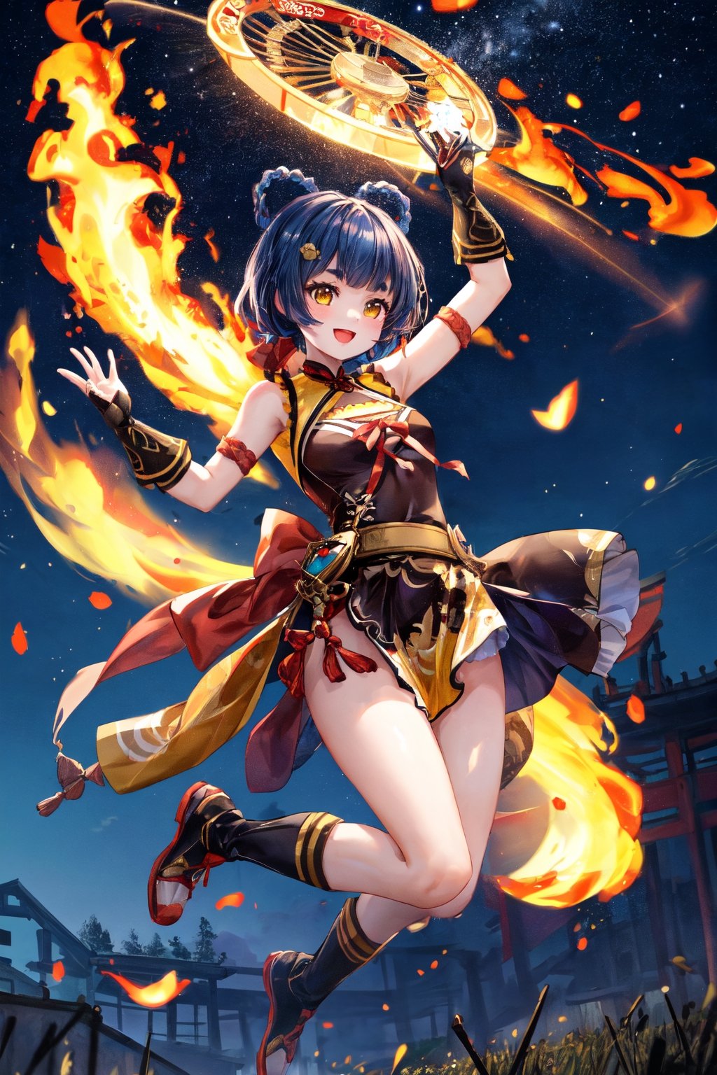 xianglingdef, wheel of fire around, fire particles, night, field, :D, jumping, legs together, light details, best quality, masterpiece, full body, stars, 