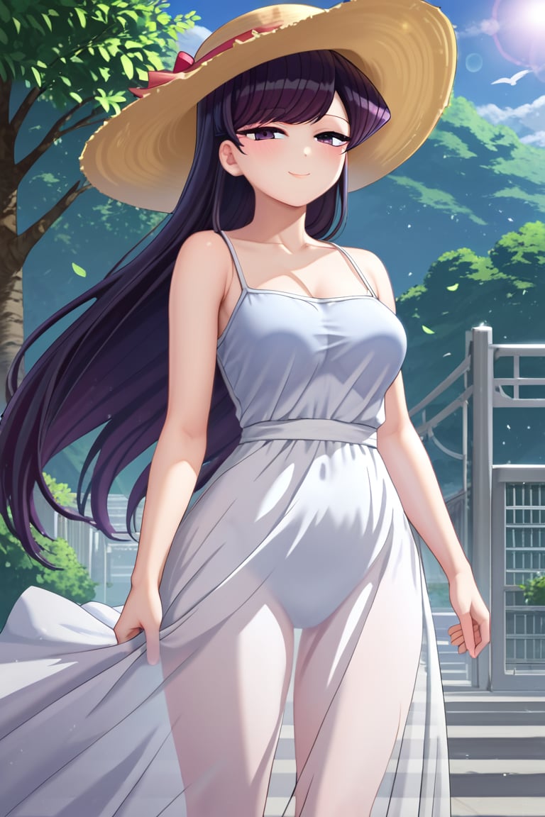 score_9_up, score_8_up, score_7_up, source_anime, 1girl, best quality, masterpiece, 4k, 8k, perfect lighting, very aesthetic, Ultra-detail, shouko komi, shouko komi, long hair, bangs, black hair, black eyes, half-closed eyes, summer dress, white dress, transparent dress, summer hat, outdoors, wind, hold hat, smile, japan street