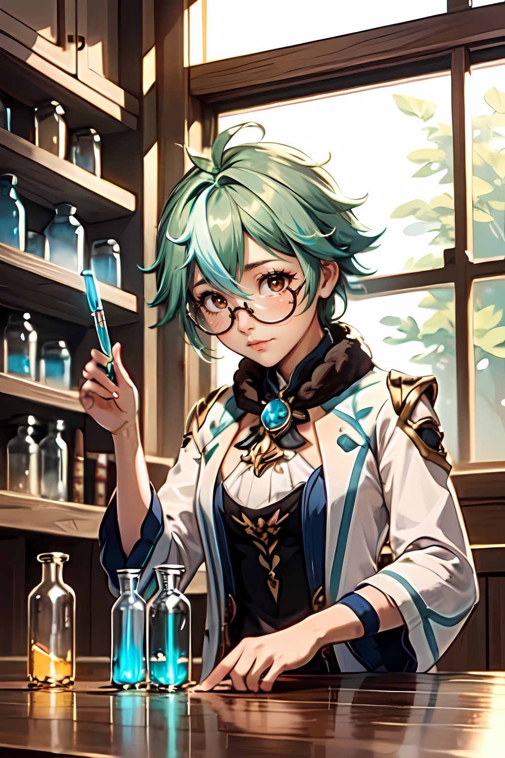 sucrose (genshin impact), alchemy, test tubes, laboratory, concentrated, full details, glasses 