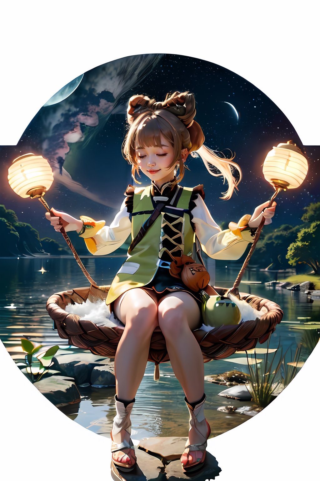 yaoyao \(genshin impact\), night, swinging, night, stars, ligts details, smile, close eyes, wallpaper 4k, lake behind, both hands holding the swing rope
