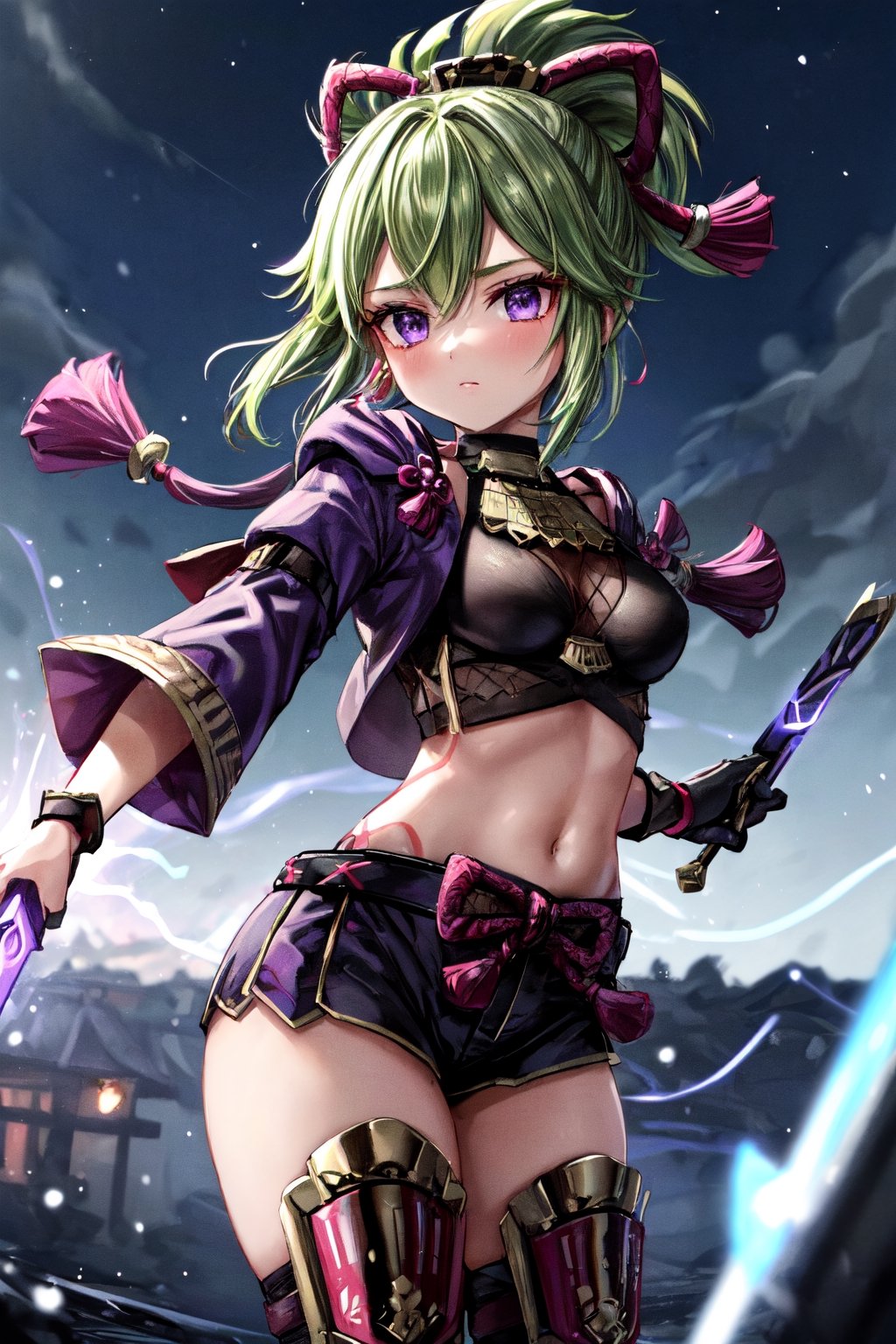 kukishinobudef, she is in a battle pose with his purple dagger, his dagger is imbued with electro energy, in a silent night where the night light illuminates the scene, ultra detailed.