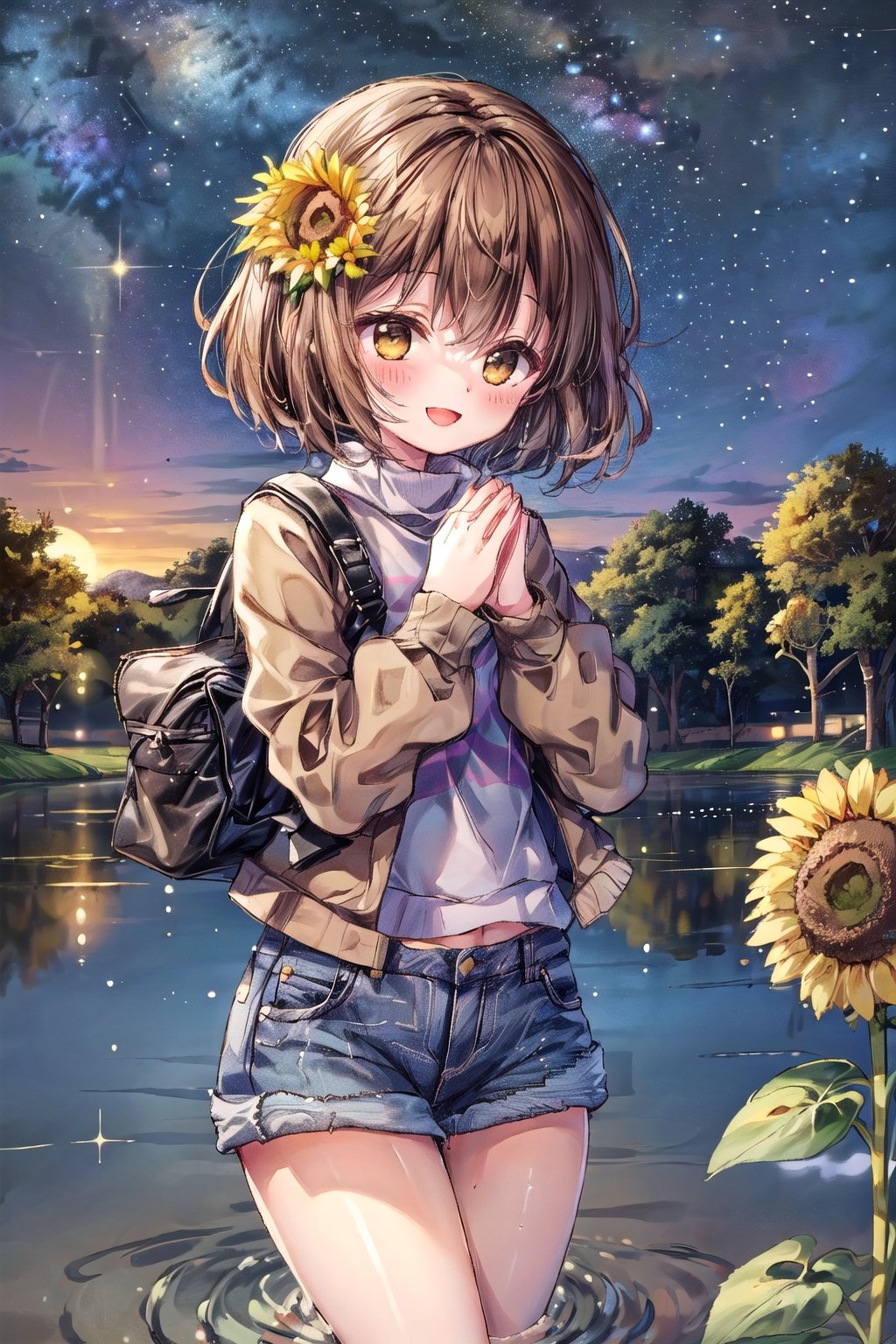 Frisk, sunflowers, lake, night, stars, high_resolution, masterpiece, brown short jeans, :D, praying