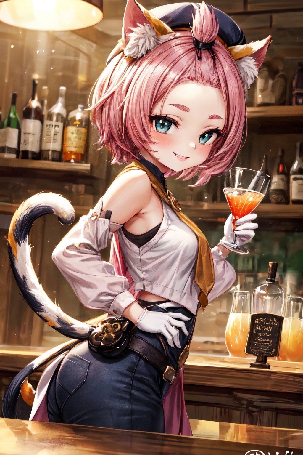 dionadef, is behind the counter, wearing her signature attire. With a mischievous smile on her face, Diona stands shaking a cocktail masterfully, her cat ears perked up attentively as she mixes the ingredients with precision. Her furry tail swishes gently from side to side with grace. The tavern patrons watch in admiration as Diona demonstrates her bartending skills, and some even giggle with delight at her playful charm. It's a lovely, lively scene that captures Diona's vivacious personality in her natural environment.