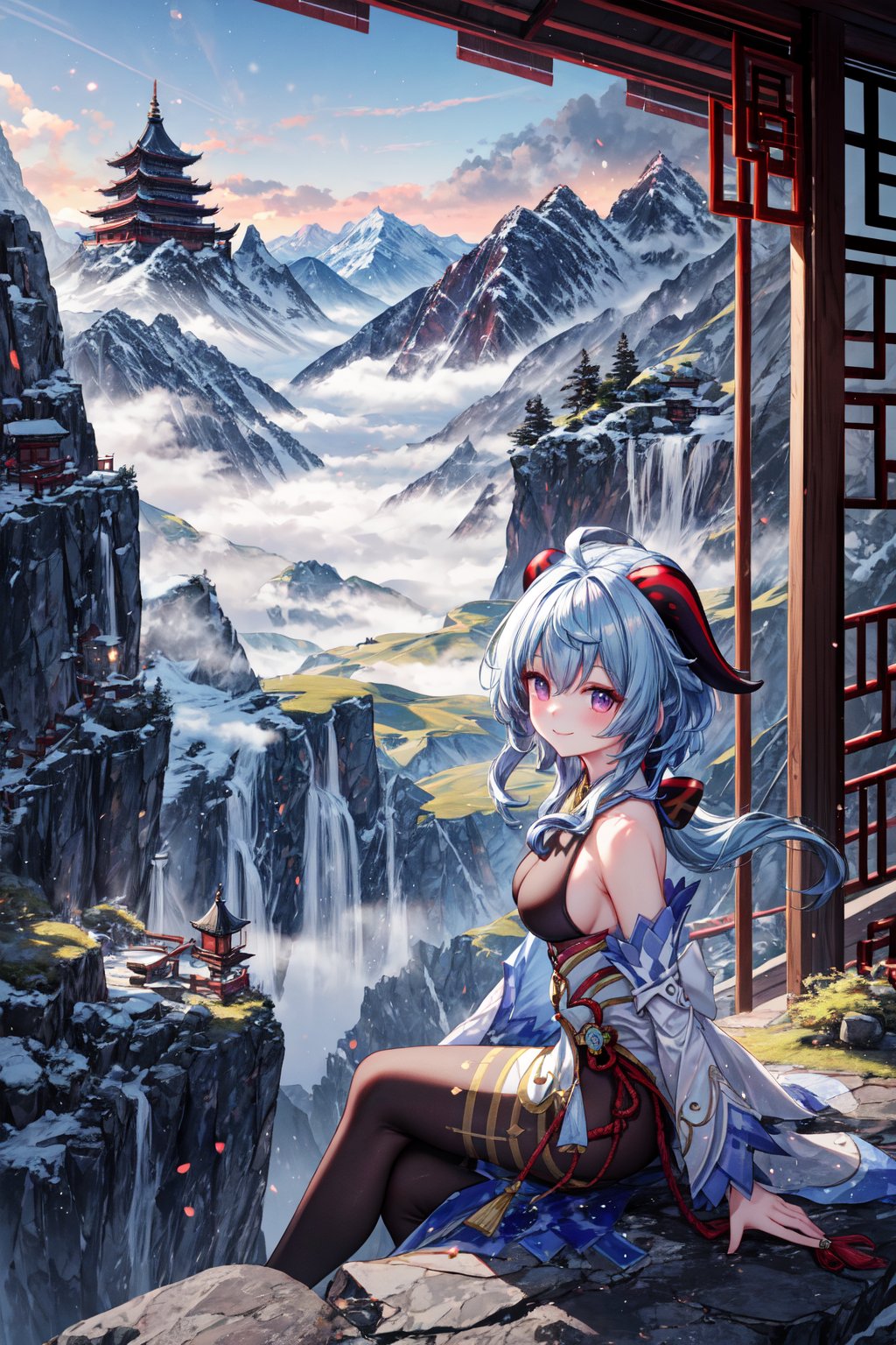 masterpiece, light details, high_resolution, ultra-detailed, best quality, ganyurnd, smile, sitting, pantyhose,
Ganyu sits on the edge of an imposing peak rising above a vast Chinese valley. Large rock formations, shrouded in a soft mist, add an ethereal beauty to the landscape. With a serene smile on his face, he contemplates the majestic view of the great valley. The tranquility of the moment and the natural grandeur of the surroundings reflect the harmony between Ganyu and the world around her.