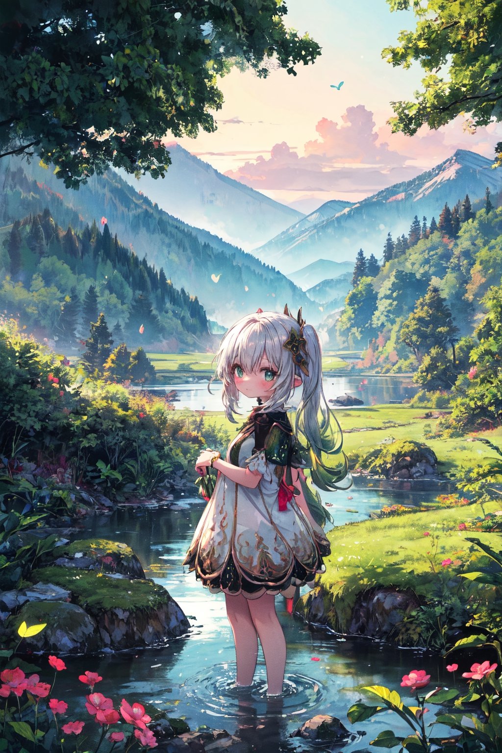 nahidarnd, loli, In a quiet and serene valley, where the sunlight filters softly through the leaves of the trees. In the center of the scene is Nahida, standing in a clearing surrounded by wildflowers and colorful butterflies fluttering around her. Her garment flows gracefully in the gentle breeze, as she gazes with a serene expression towards the horizon, lost in thought.
All around her, the lush landscape of the valley spreads out, with crystal clear streams meandering through the rocks and a variety of plants and trees bringing the environment to life. The sky is painted in soft shades of orange and pink, creating a warm and welcoming atmosphere. In the distance, majestic mountains rise into the sky, creating a breathtaking backdrop for this tranquil and serene scene.