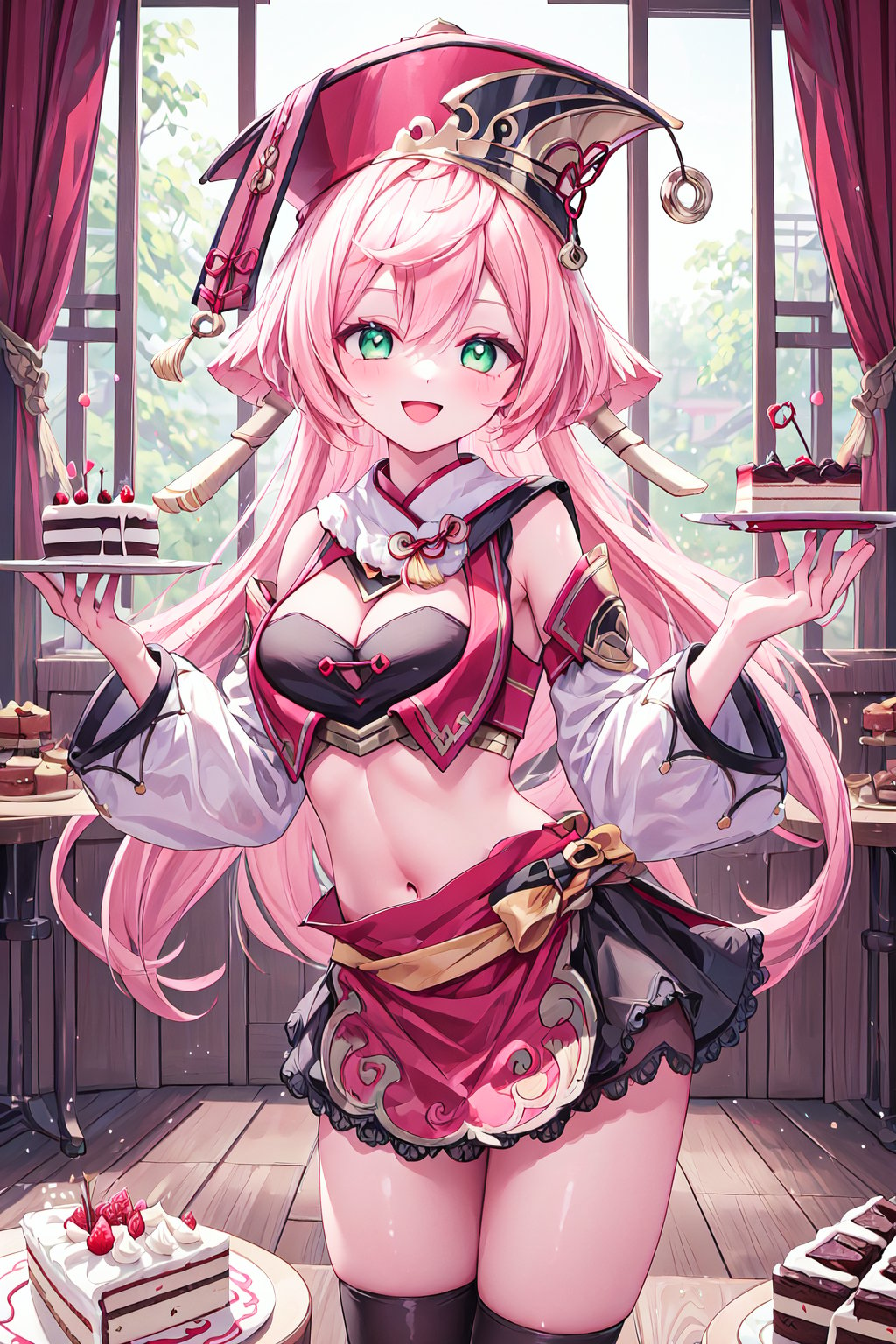 ultra-detailed, masterpiece, high_resolution, cake, happy birthday, china village, :D, greeting, happy, smile, standing, cake in table, decorations, yanfei, 1girl, long hair, pink hair, green eyes, antlers, hat, crop top, cleavage, midriff, skirt, detached sleeves