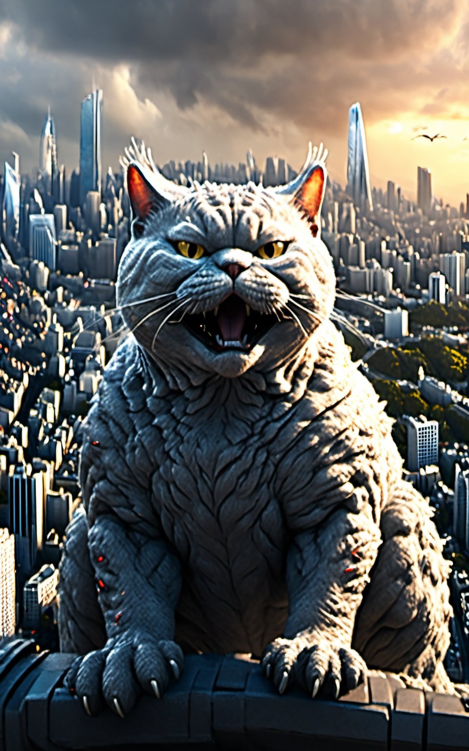 ultra photo-realistic, digital epic concept art, rendered in cinema octane, detailed hot maw, Extreme Long Shot, a godzilla sized british shorthair looking over a city,