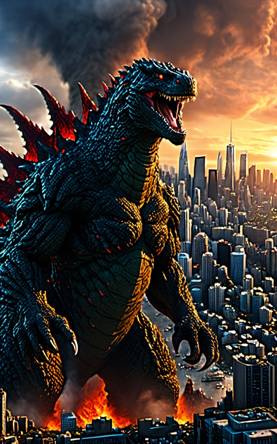 ultra photo-realistic, digital epic concept art, rendered in cinema octane, detailed hot maw, Extreme Long Shot, a godzilla looking over a city,