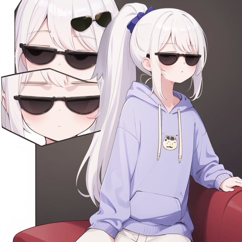 1girl,,best_quality, ,highres,looking at viewer, extremely_detailed,perfect detailed, 8k, masterpiece,manicia,cowboy shot,sofa,sitting,
cartoon,cute,avatar icon,upper body,close view,easy background , expression 

white hair,hoodie,ponytail,sunglasses,