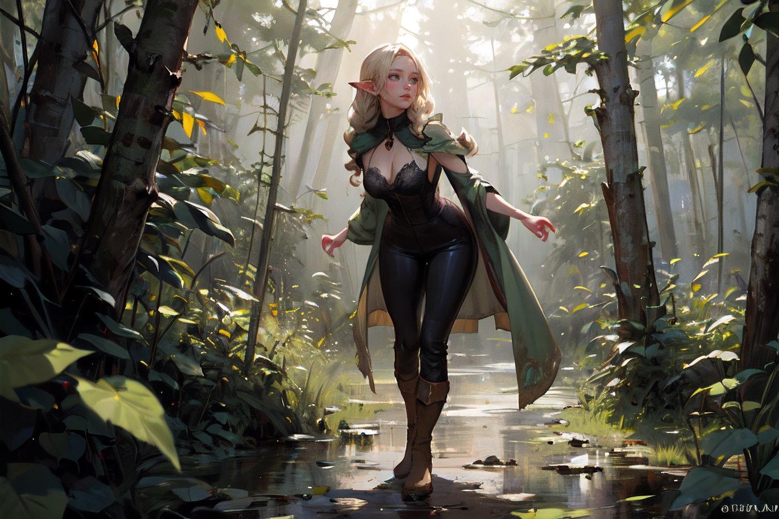 (masterpiece, best quality, hires, high resolution:1.2), (beautiful, aesthetic, perfect, delicate, intricate:1.2), (depth of field:1.2), ((masterpiece,best quality)), wide hips, medium breasts, green eyes, solo, lost in thought, falling leaves, cinematic composition, dynamic pose, platinum blonde long braided hair hanging in front of breasts, a mottled green brown and grey cloak draped over shoulders, green and brown hood pulled loosely over head, autumn, outside, green and brown lace tight garment with an open cleavage, tight brown leather pants worn by weather, black leather boots dirty by mud, mud, tracking, sunray, evening, forest, bronze oak leaf medallion hanging from neck, looking at ground, investigating, leaning backwards, pointy elf ears, (standing up), full body, looking up