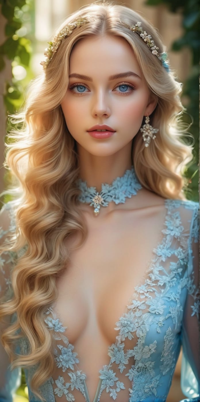 masterpiece, high quality animation, aesthetic photo ,(HDR:1.4), pore and detailed, intricate detailed, graceful and beautiful textures, RAW photo, 16K, (bokeh:1.1), diffused sunlight, (head to waist portrait), in the mansion garden, european woman, beautiful face, light-blue eyes, light-blond wavy long hair, 
(щту ыьфдд еше учзщыувЖ1ю9)б
dark-red jacket black lace sexy bodysuit,enchant3d,Eyes