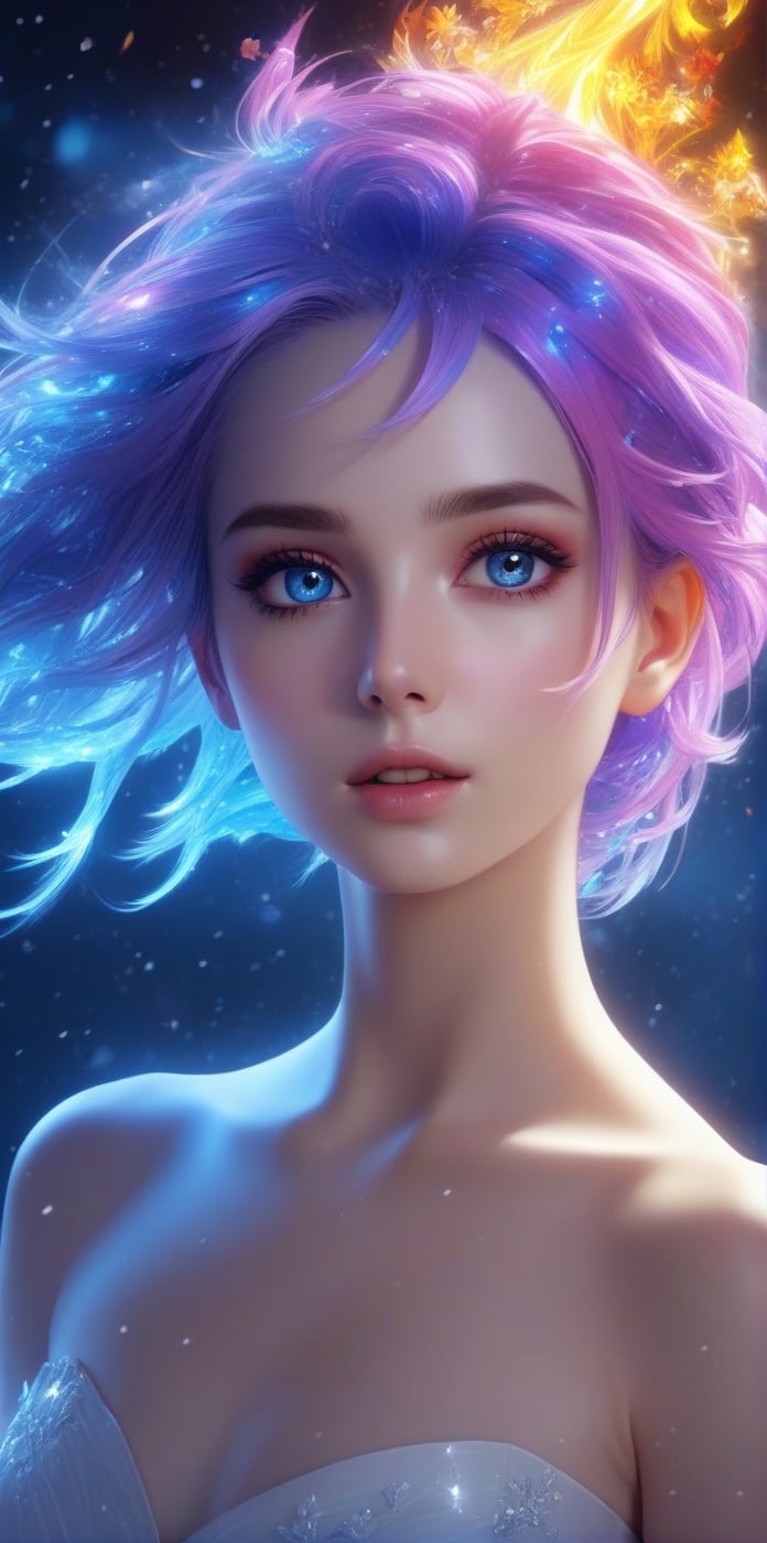 (masterpiece, top quality, best quality, official art, beautiful and aesthetic:1.2), (1girl), extreme detailed,(abstract, fractal art:1.3),colorful hair,highest detailed, detailed_eyes, fire, water,flower, ice, lightning, light_particles, ghost,more detail XL, upper body,flat chested,1girl