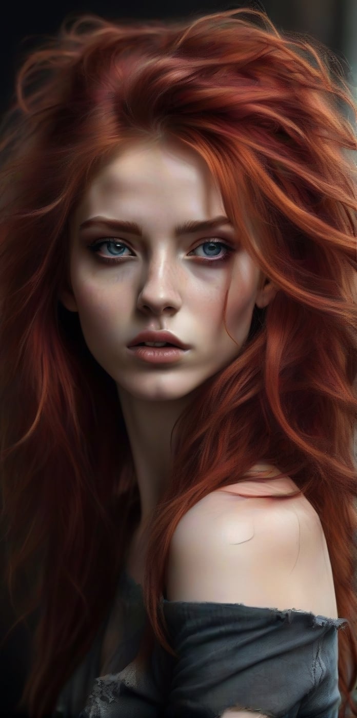 Generate hyper realistic close portrait of a beautiful girl, long messy red hair, Punk hairstyle, Bare shoulders, Dark bacground, very detailed beautiful eyes. Very detailed, provocative face, (dynamic provocative pose), soft colors artwork, hight detailed,