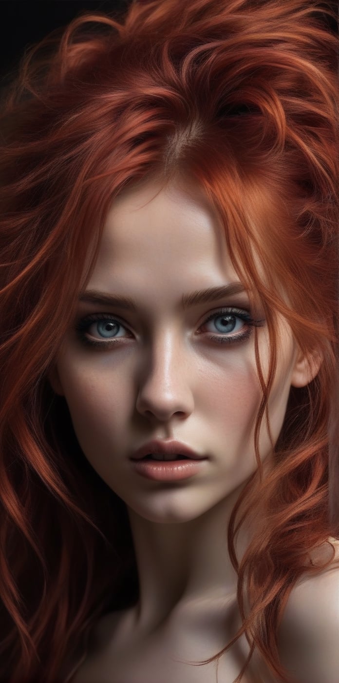 Generate hyper realistic close portrait of a beautiful girl, long messy red hair, Punk hairstyle, Bare shoulders, Dark bacground, very detailed beautiful eyes. Very detailed, provocative face, (dynamic provocative pose), soft colors artwork, hight detailed,