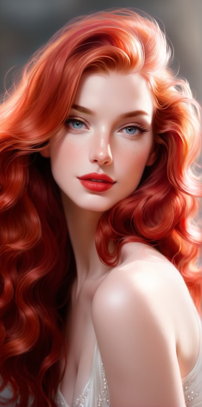 pencil Sketch of a beautiful woman 25 years old, with long red hair, alluring, light red lipstick, portrait by Charles Miano, pastel drawing, illustrative art, soft lighting, detailed, more Flowing rhythm, elegant, low contrast, add soft blur with thin line, ,flat chested