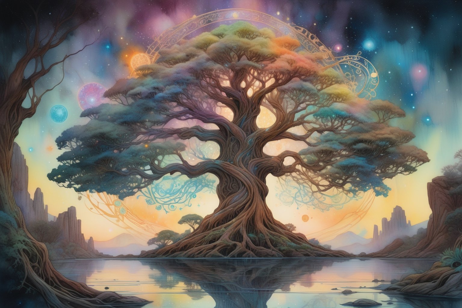 Cosmic tree of life, art Nouveau watercolor by JB, Waterhouse, Greg Olsen, Carne Griffiths, Alex Ross, Lou Xaz, Stylized splash art, Intricate, Complex contrast, HDR, Sharp, soft Cinematic Volumetric lighting, vibrant lush pastel colours, wide long shot, perfect masterpiece