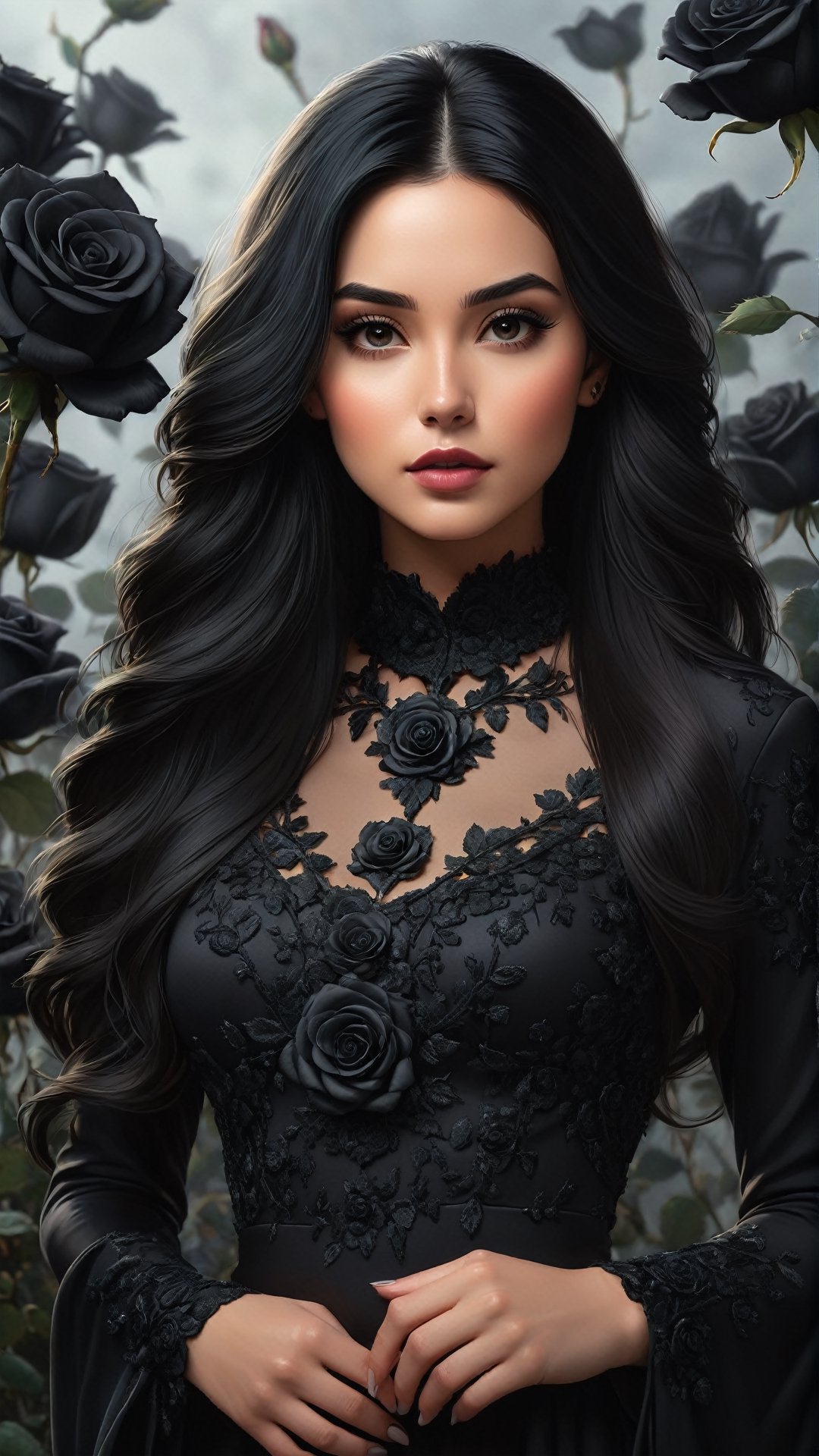 A beautiful young woman with long black hair. She is wearing a long-sleeved high-neck black dress. Black roses surround her. In the background black roses. Extremely detailed, high-quality, hyper-realistic, masterpiece photography.