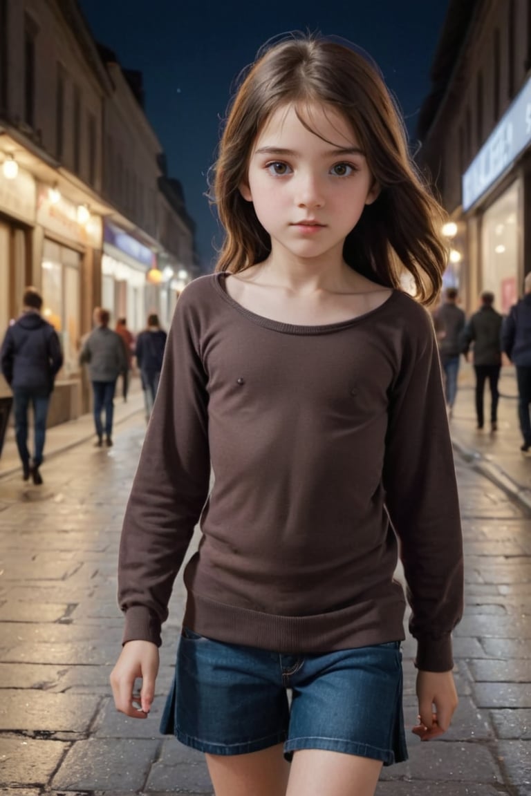 Masterpiece, Top Quality,  cinematic composition, sharp, details, hyper - detailed, hd, hdr, 4 k, 8k, detail XL,High, ((full shot 1:4)).
Generate an image of a young (((12 years old 1:5))) human female, very beautiful eyes, (((Perfect face))), perfect eyes, She should be depicted in white skin, (brown eyes 1:3), long black hair, thin body.
The female's appearance should reflect her youthful blushing curiosity, timid slight smile, orgasm face, pain face, enjoying face, (seen from a side 1:2), (wide open legs 1:2), suggestive look.
Full girl body image, (flatchested 1:6), (flat stomach), small round ass, (show full body), naked legs, body_blush, night, (she is walking down the street by night 1:3)
She is slim, narrow hips, she is dressed with a poncho.
Poncho is worn out. has lateral long slits and a frontal slit.